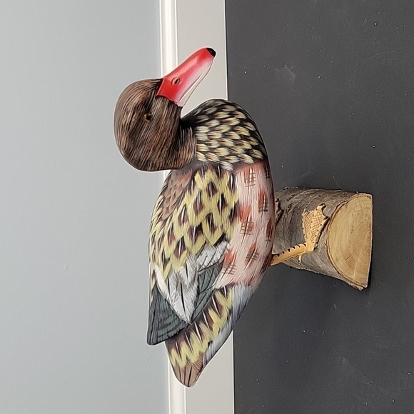 Wooden Painted Duck Decoy Standing on a log Home Decor